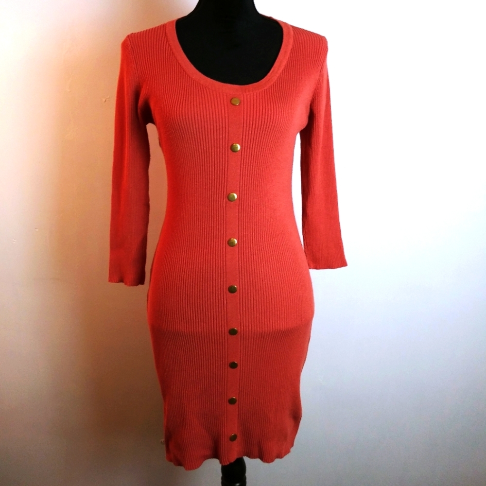 Harlow & Rose Ribbed Tanked Dress orange Pink button look Front Size XL bodycon